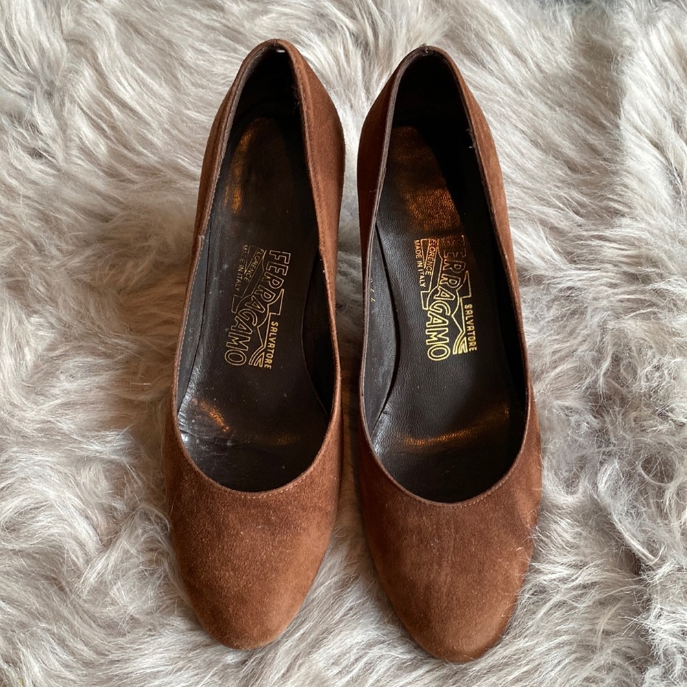 Ferragamo brown suede 2 inch heel pumps